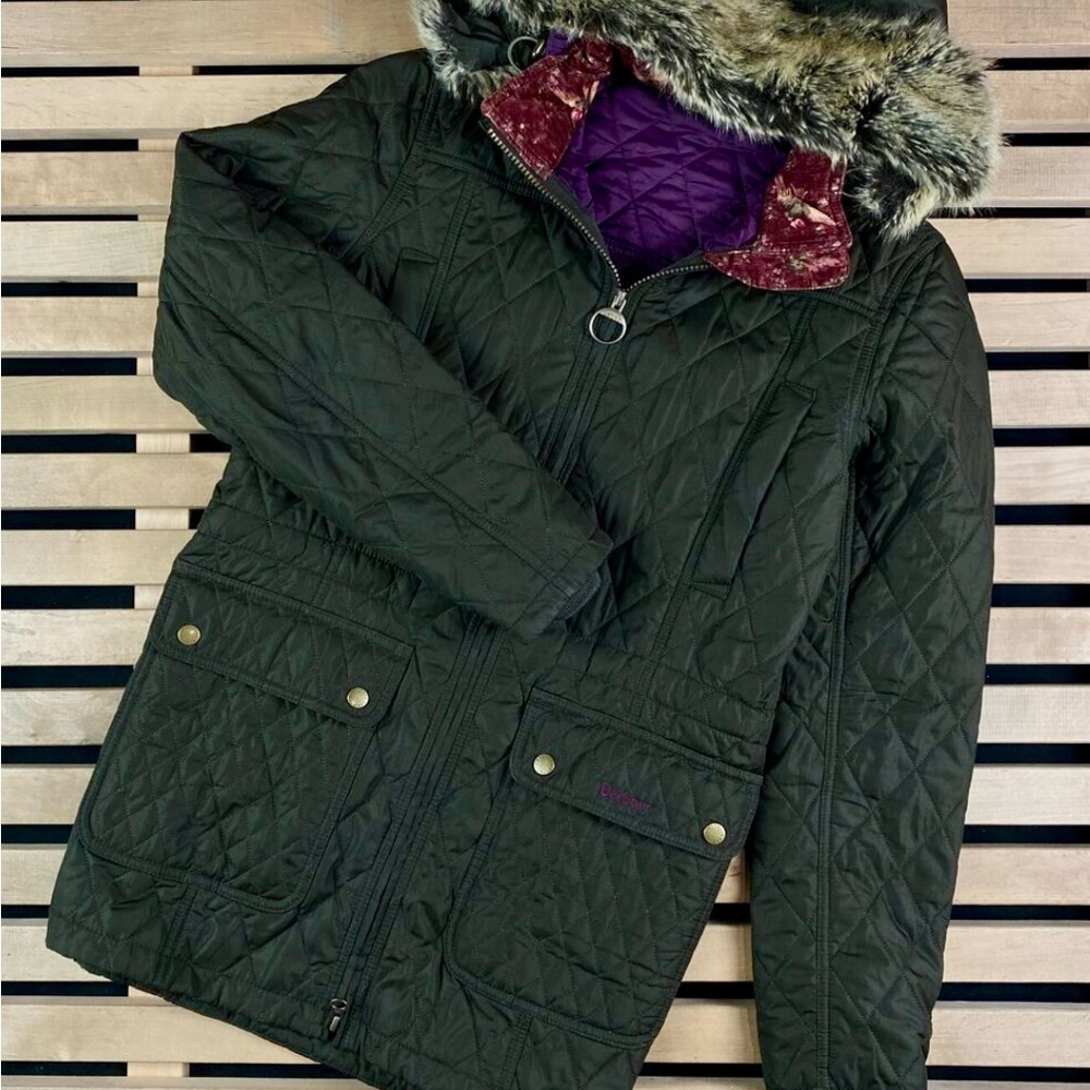 Barbour Black Quilted Jacket with Hood Faux Fur Trim